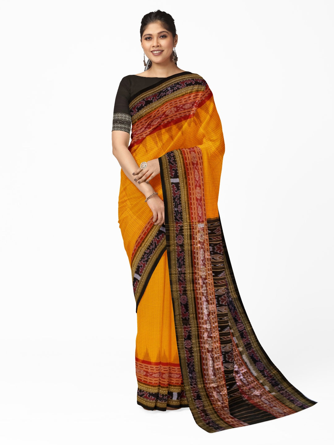 Yellow double order Sachipar Nuapatna Cotton Ikat saree with cotton ikat blouse piece
