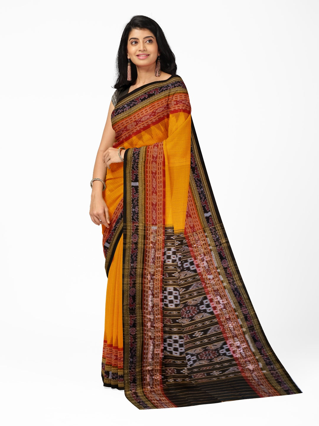 Yellow double order Sachipar Nuapatna Cotton Ikat saree with cotton ikat blouse piece