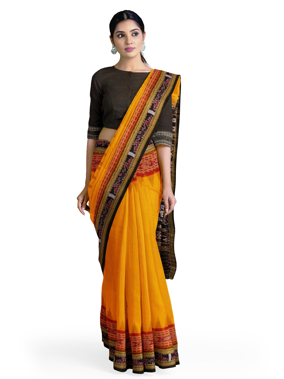 Yellow double order Sachipar Nuapatna Cotton Ikat saree with cotton ikat blouse piece