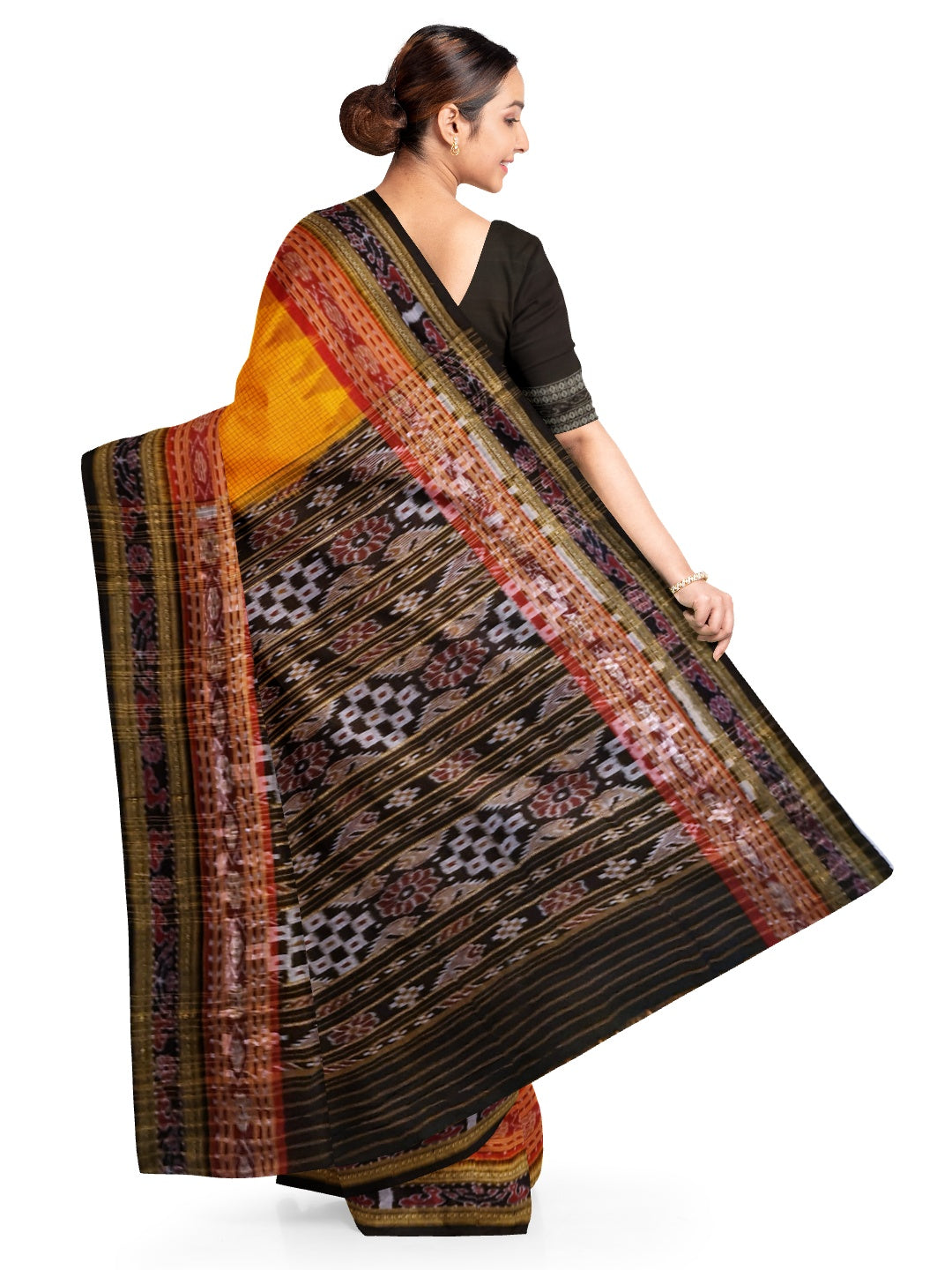 Yellow double order Sachipar Nuapatna Cotton Ikat saree with cotton ikat blouse piece