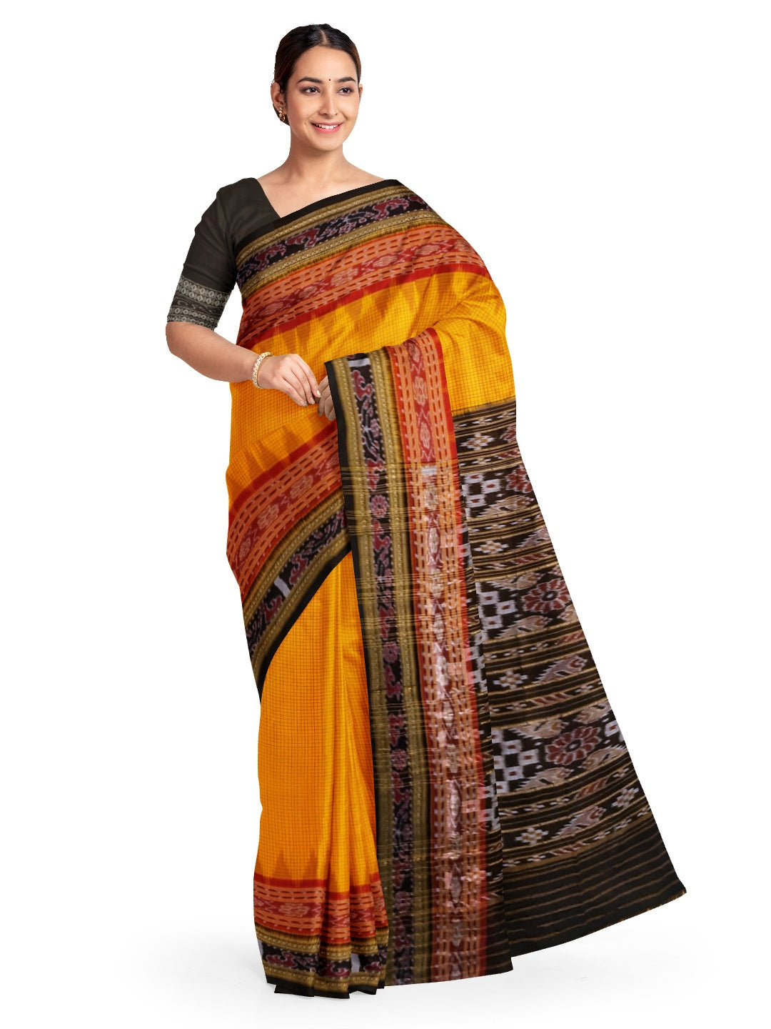 Yellow double order Sachipar Nuapatna Cotton Ikat saree with cotton ikat blouse piece