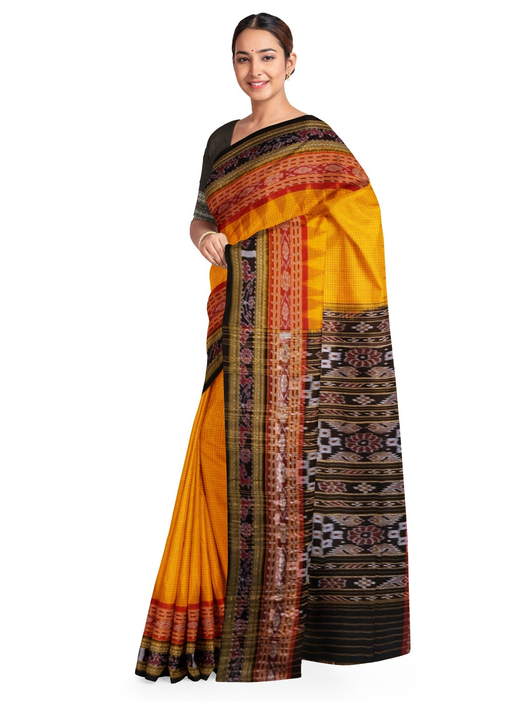 Yellow double order Sachipar Nuapatna Cotton Ikat saree with cotton ikat blouse piece