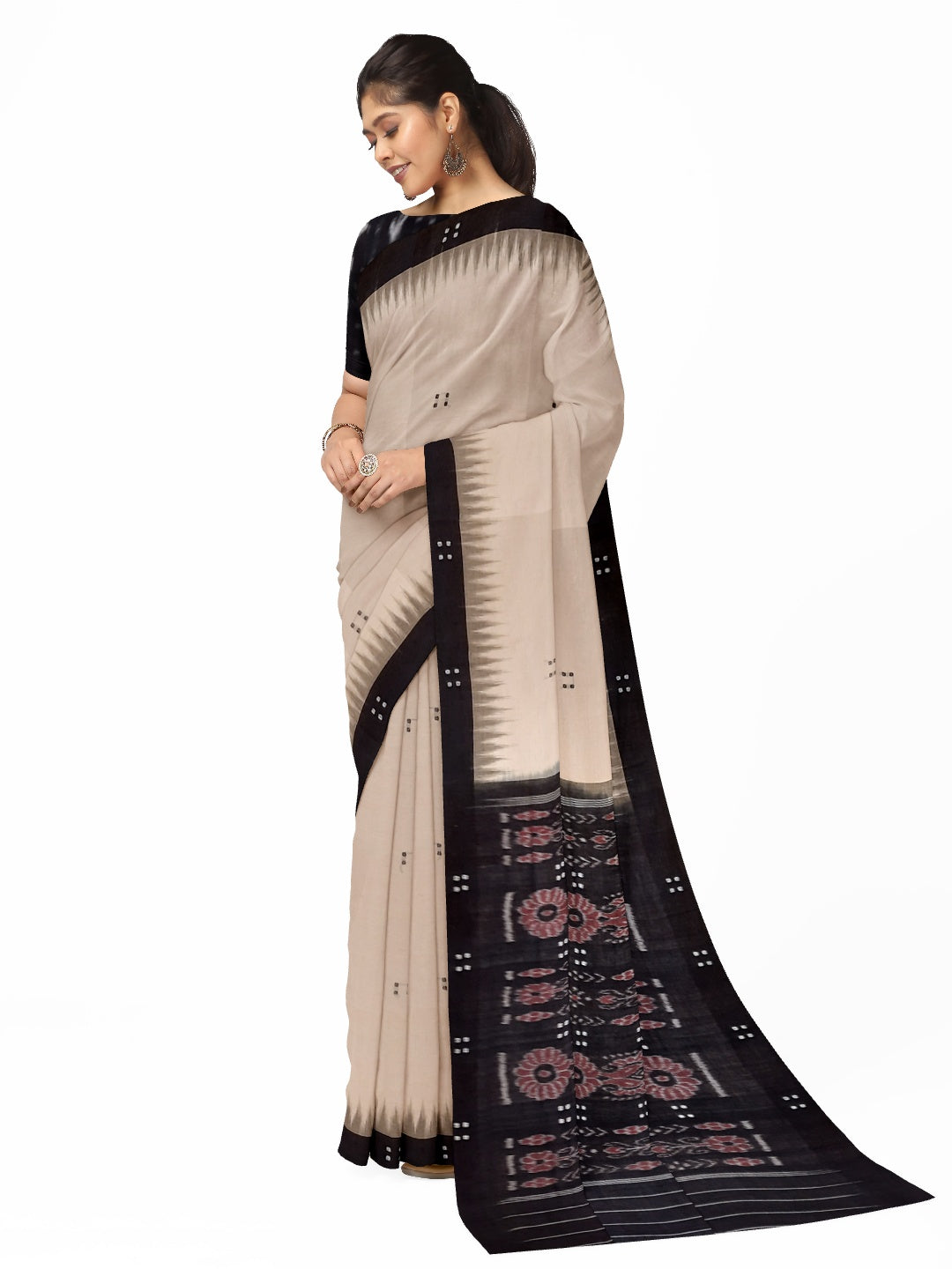Beige with Black Cotton Odisha Ikat saree  with mix match cotton ikat blouse