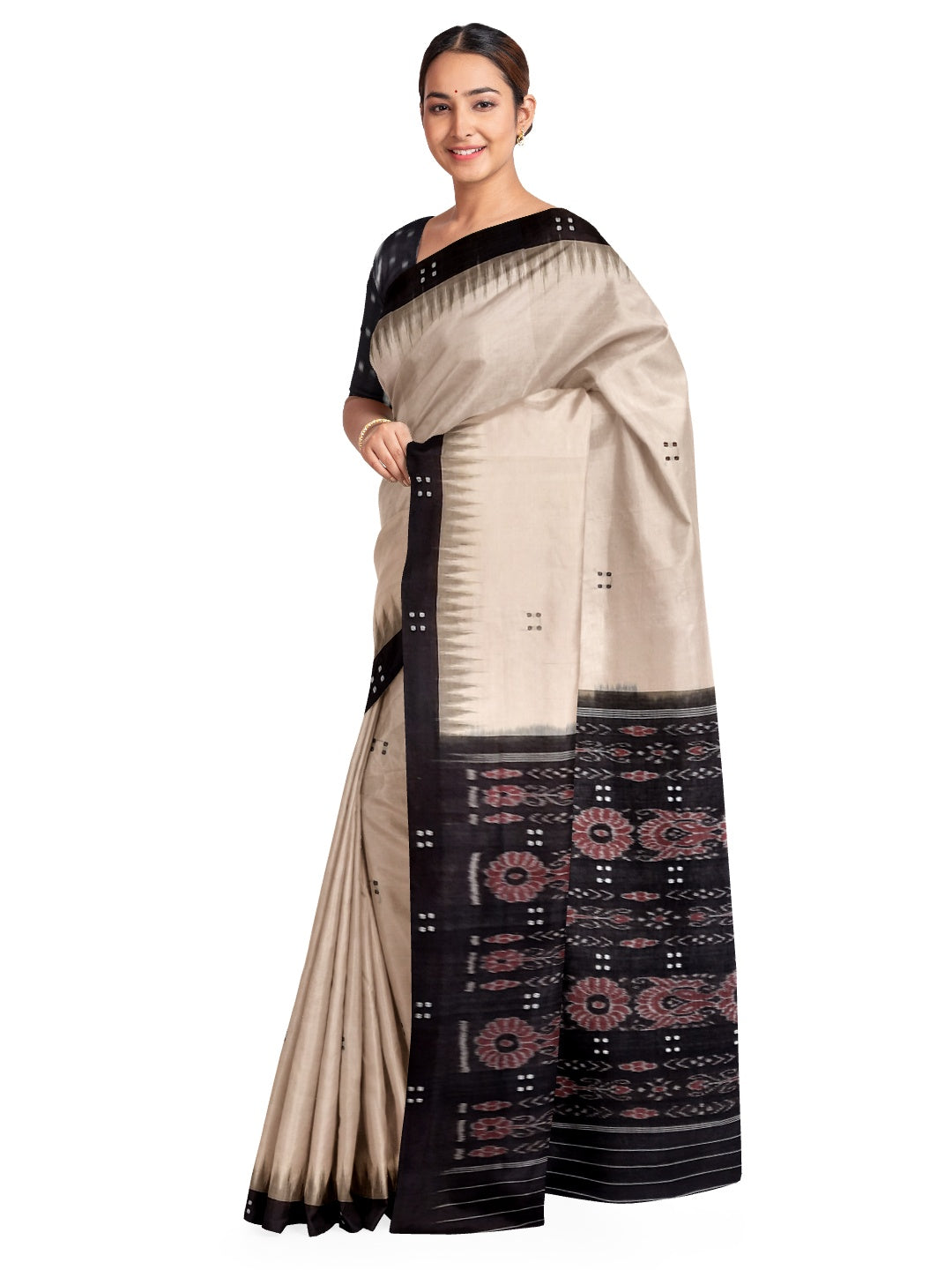 Beige with Black Cotton Odisha Ikat saree  with mix match cotton ikat blouse