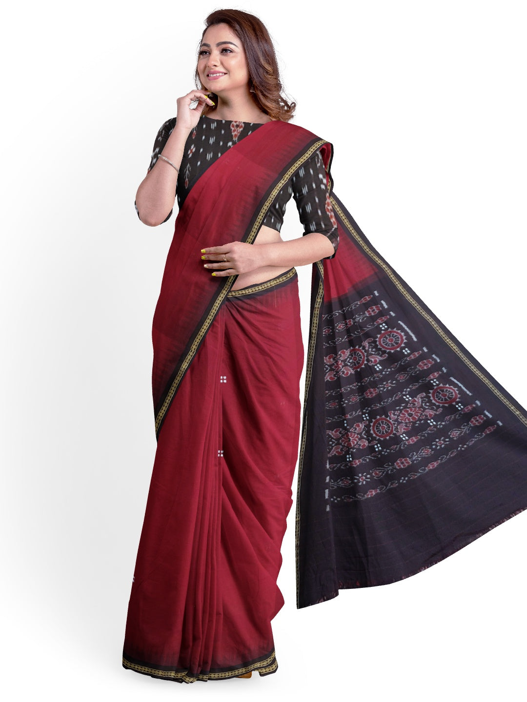 Maroon Cotton Odisha Ikat saree with mix match cotton ikat blouse