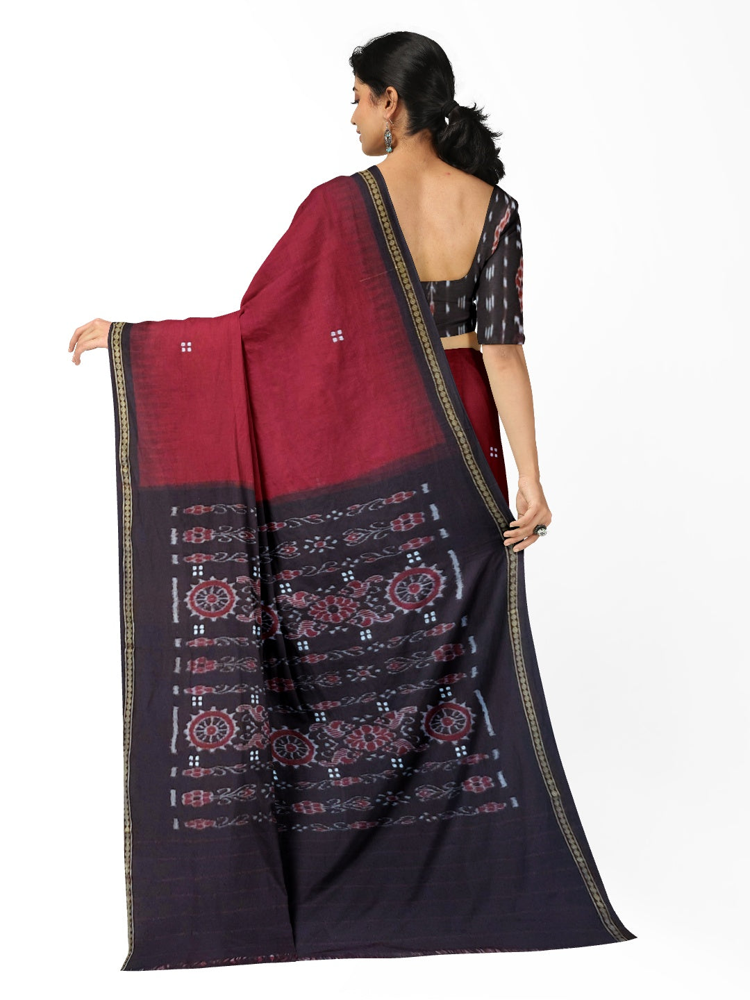 Maroon Cotton Odisha Ikat saree with mix match cotton ikat blouse