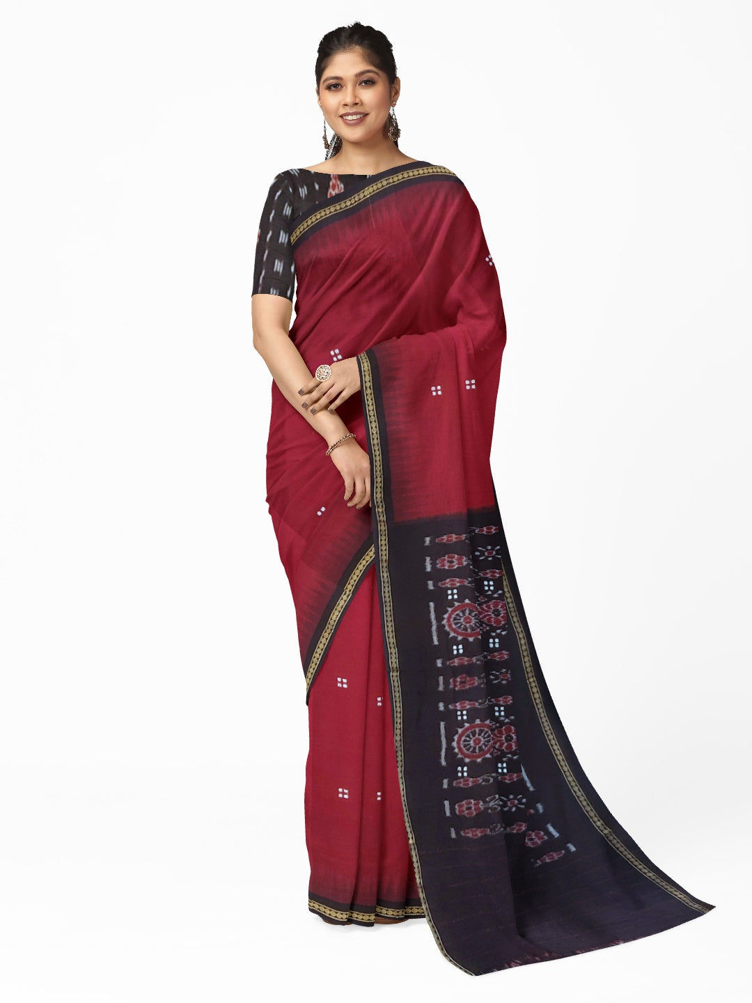 Maroon Cotton Odisha Ikat saree with mix match cotton ikat blouse