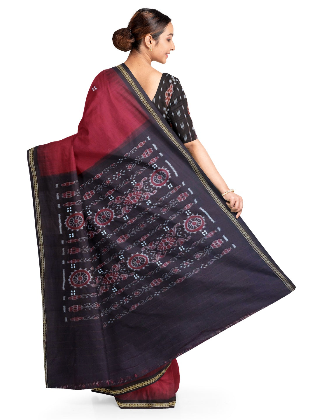 Maroon Cotton Odisha Ikat saree with mix match cotton ikat blouse