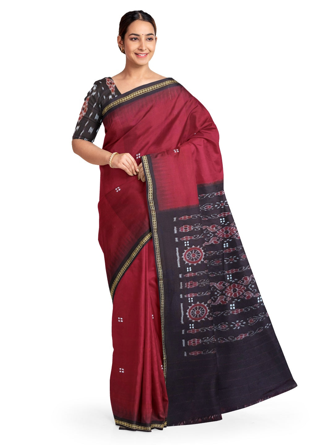 Maroon Cotton Odisha Ikat saree with mix match cotton ikat blouse