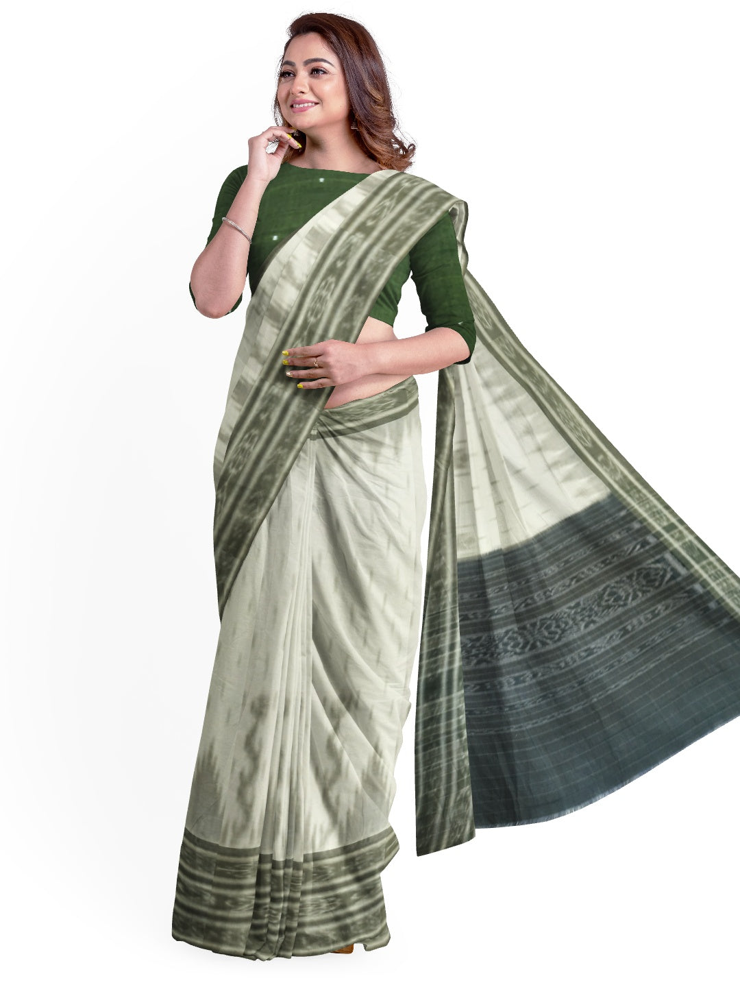 White wide border Cotton Odisha Ikat saree with mix match cotton ikat blouse