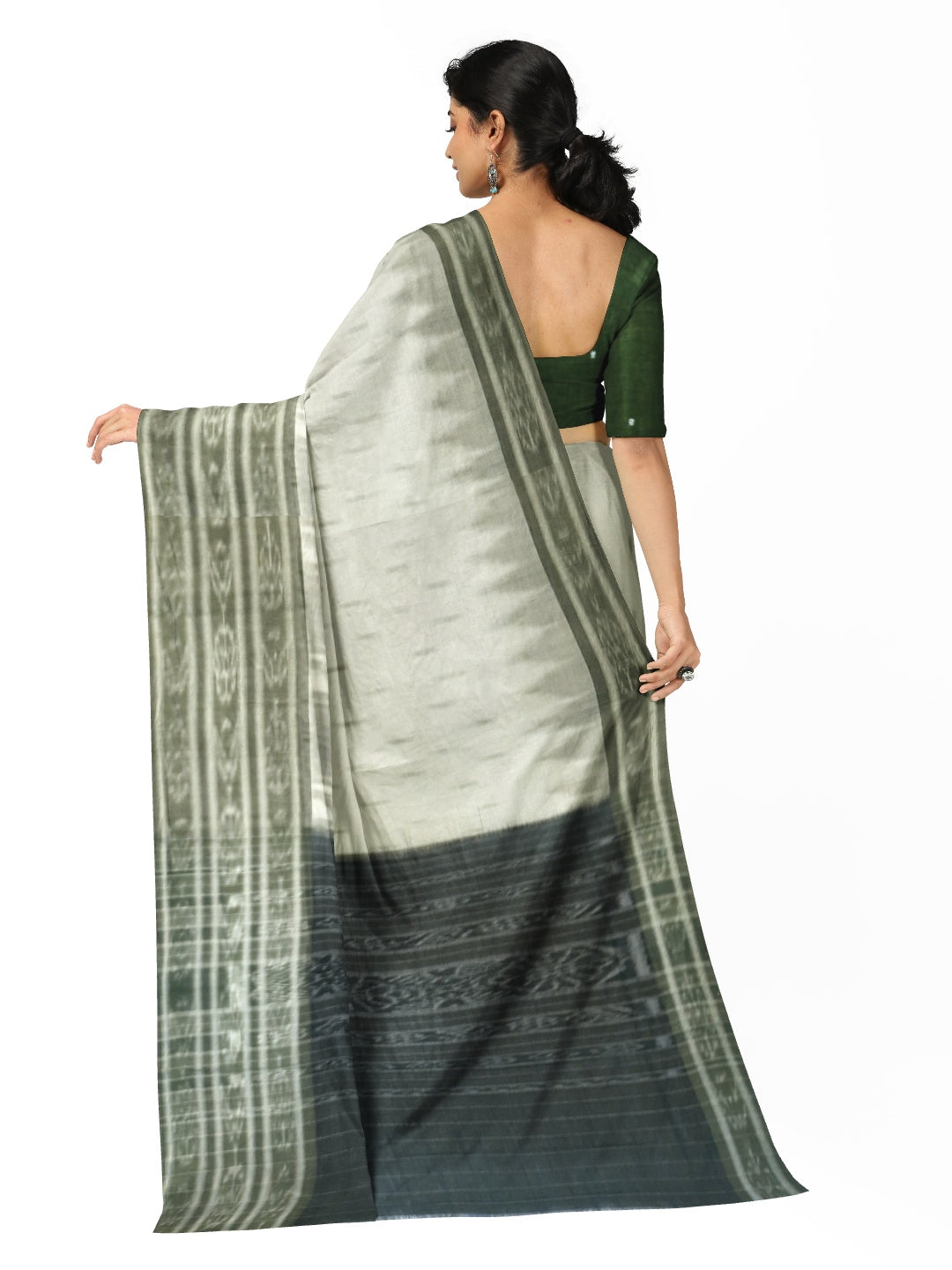 White wide border Cotton Odisha Ikat saree with mix match cotton ikat blouse