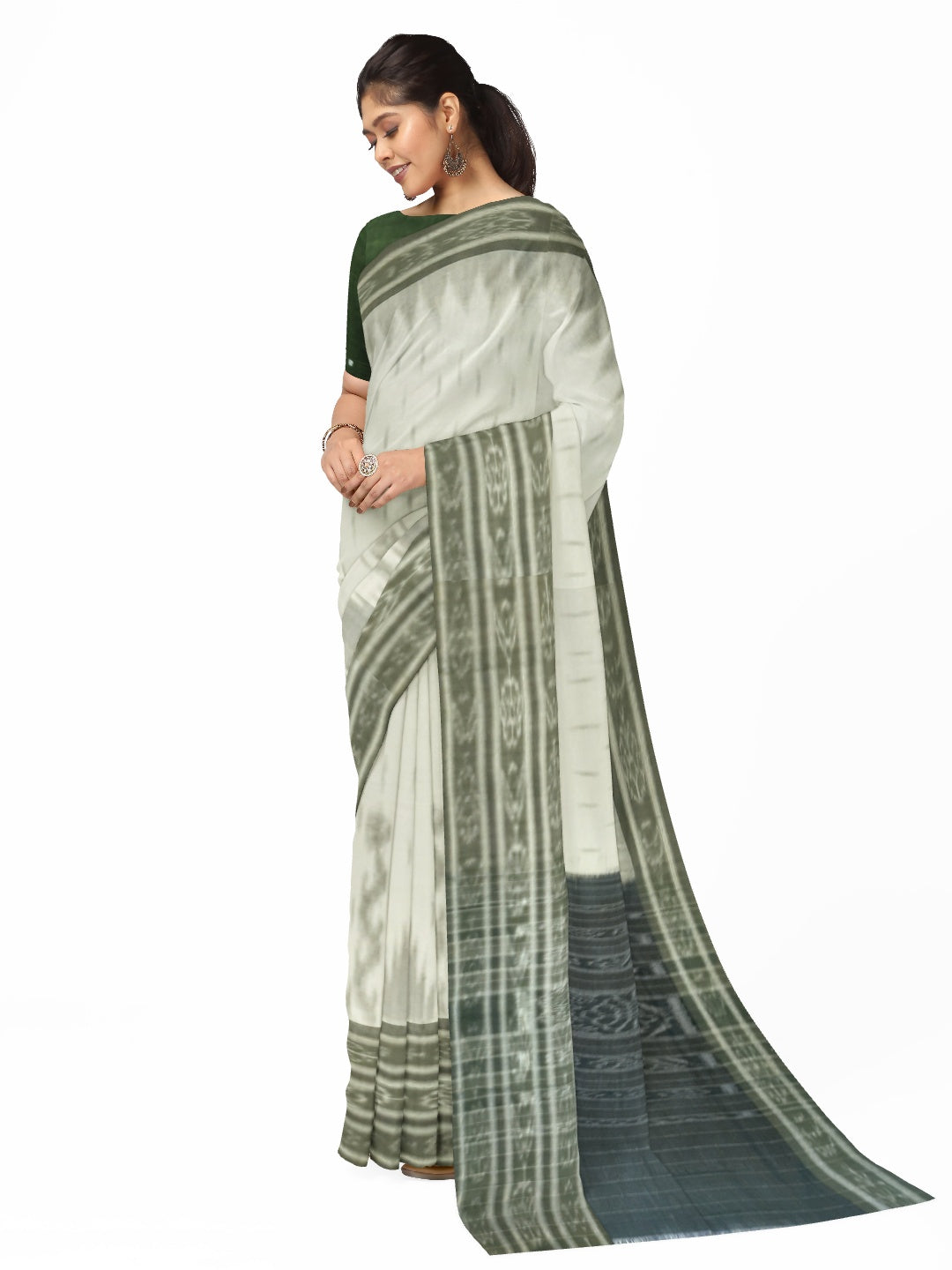 White wide border Cotton Odisha Ikat saree with mix match cotton ikat blouse