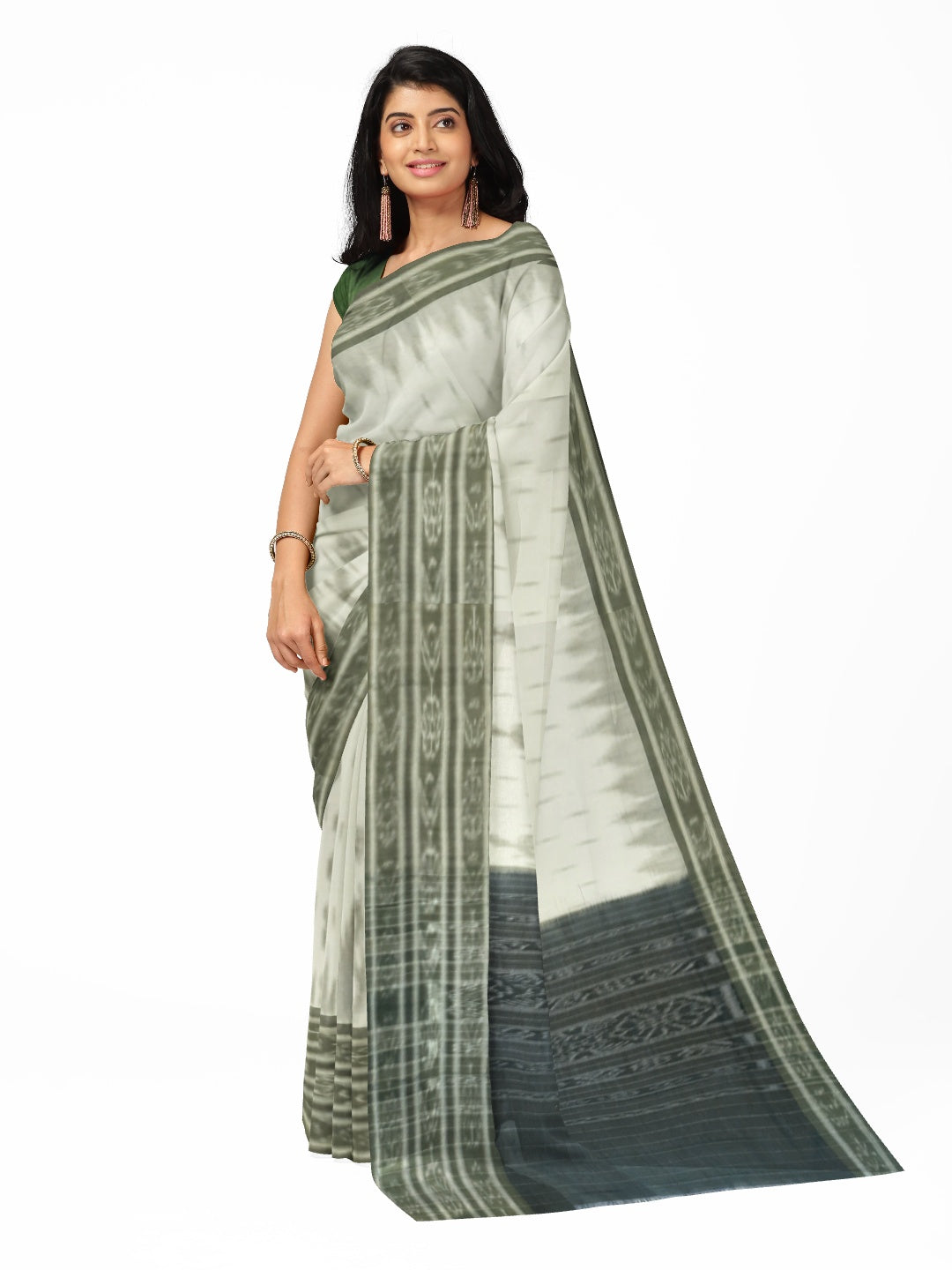 White wide border Cotton Odisha Ikat saree with mix match cotton ikat blouse