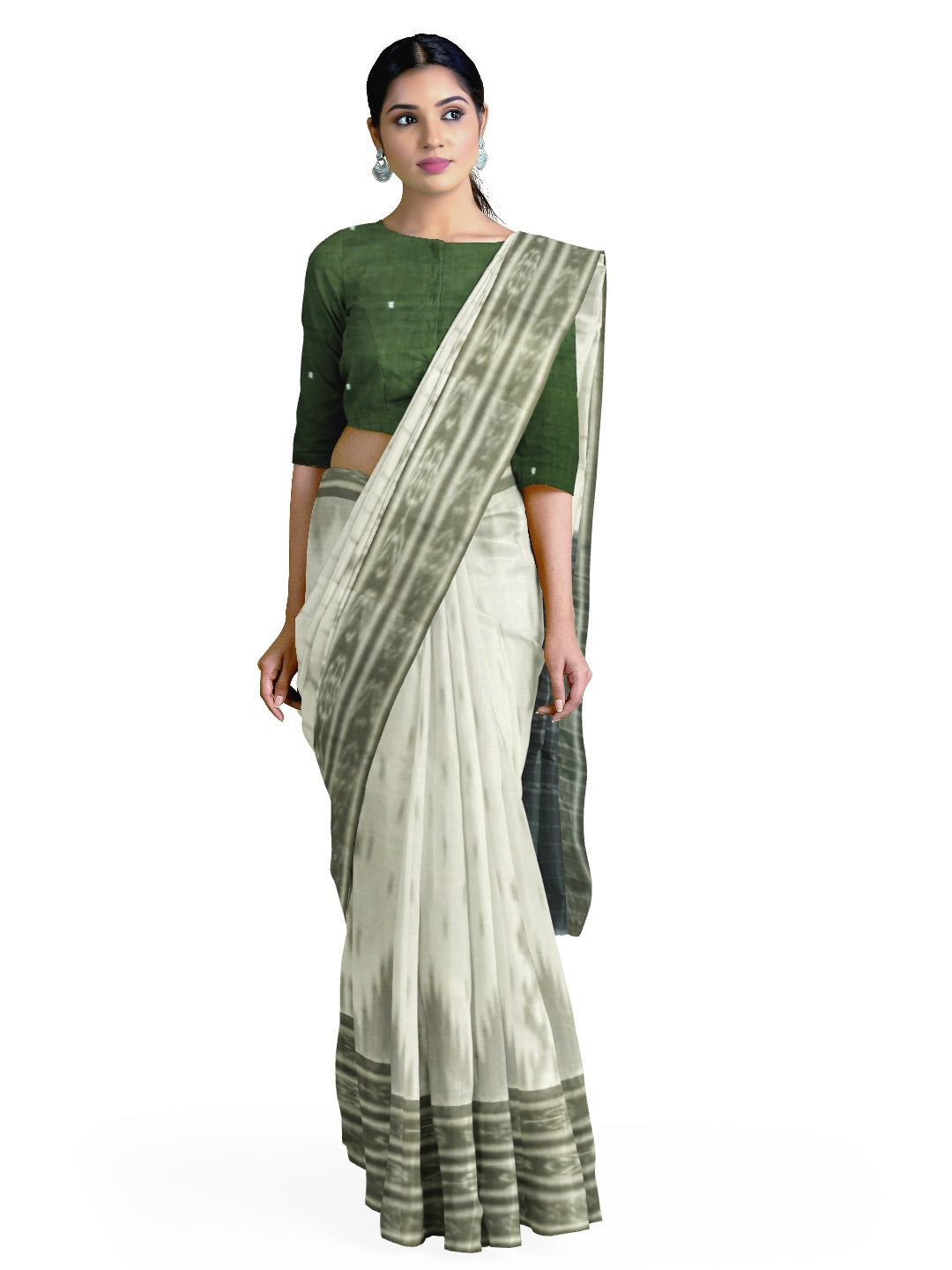 White wide border Cotton Odisha Ikat saree with mix match cotton ikat blouse