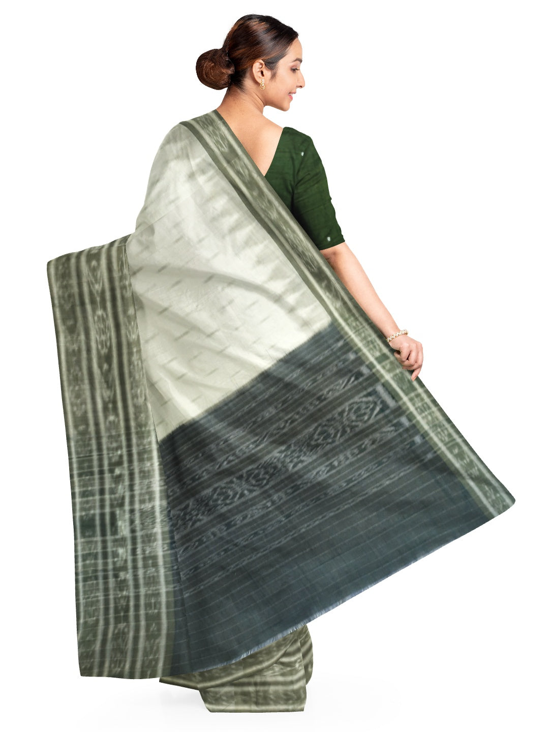 White wide border Cotton Odisha Ikat saree with mix match cotton ikat blouse