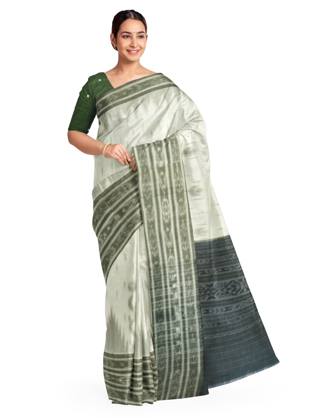 White wide border Cotton Odisha Ikat saree with mix match cotton ikat blouse