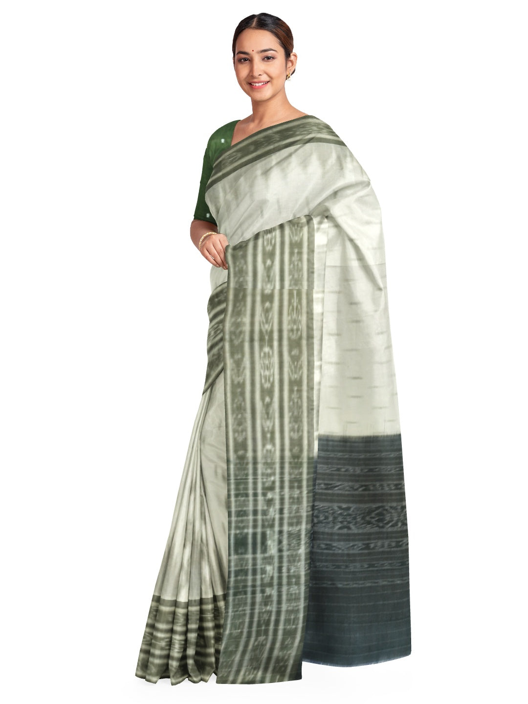 White wide border Cotton Odisha Ikat saree with mix match cotton ikat blouse