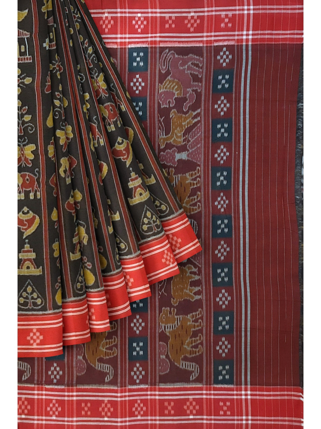Black with Red colour cotton ikat Saree with mix match red cotton Ikat blouse