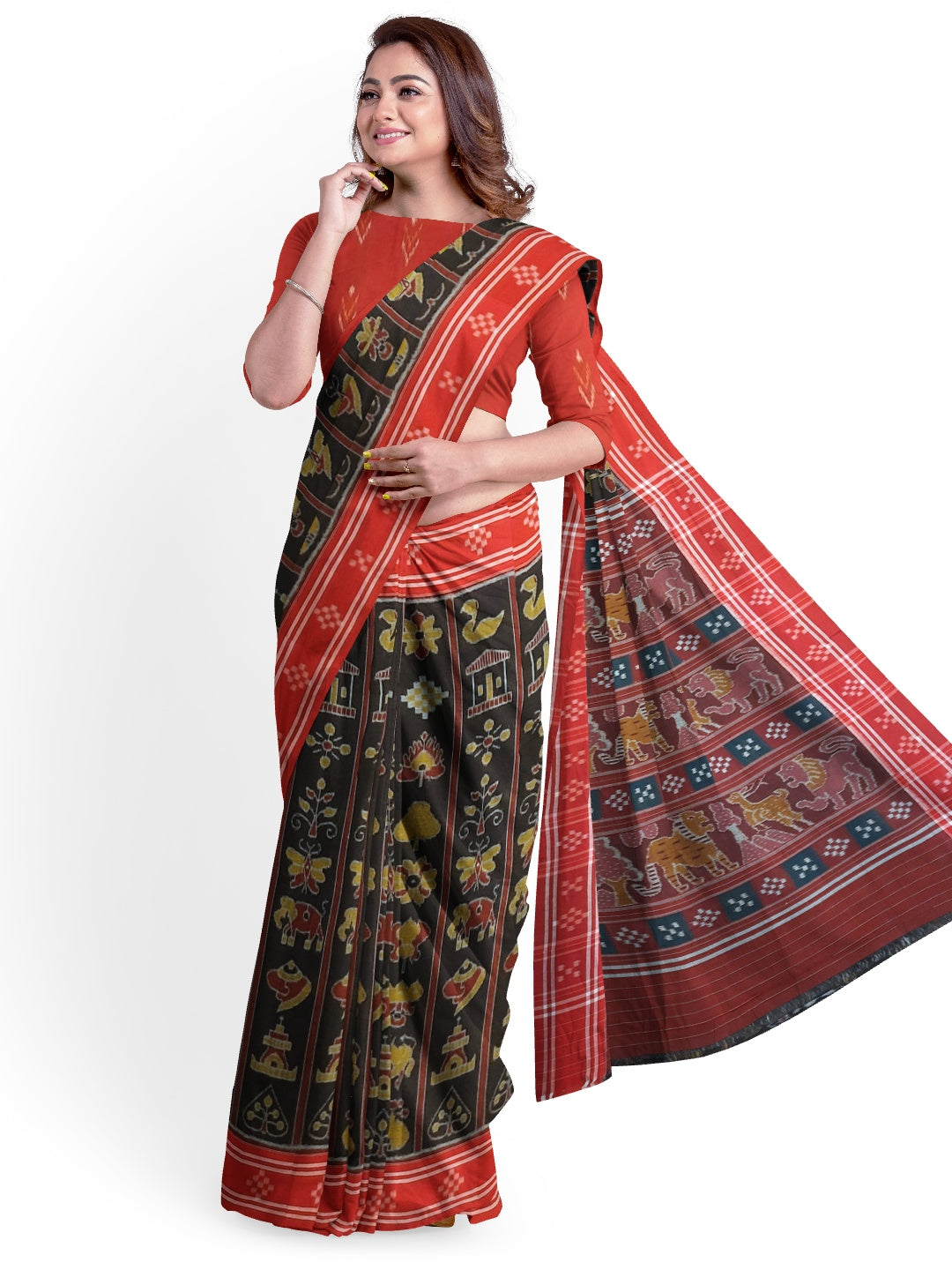 Black with Red colour cotton ikat Saree with mix match red cotton Ikat blouse