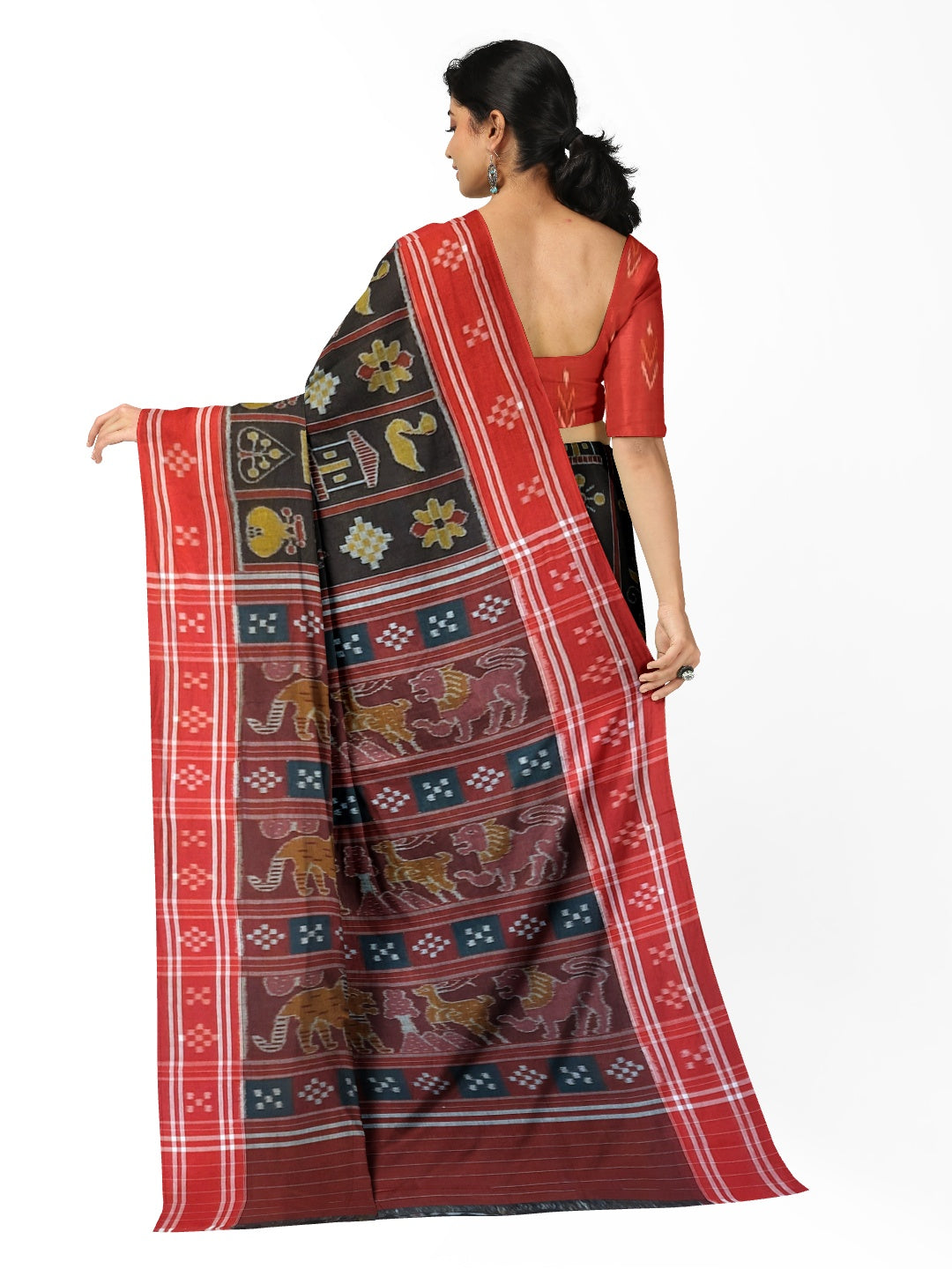 Black with Red colour cotton ikat Saree with mix match red cotton Ikat blouse