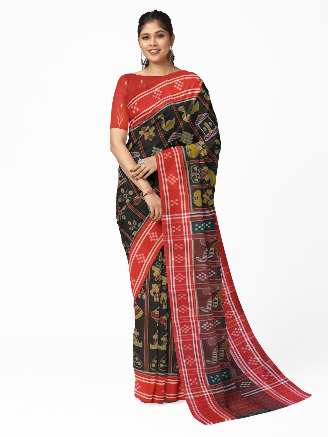 Black with Red colour cotton ikat Saree with mix match red cotton Ikat blouse
