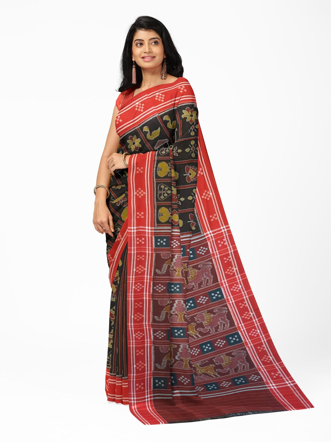 Black with Red colour cotton ikat Saree with mix match red cotton Ikat blouse