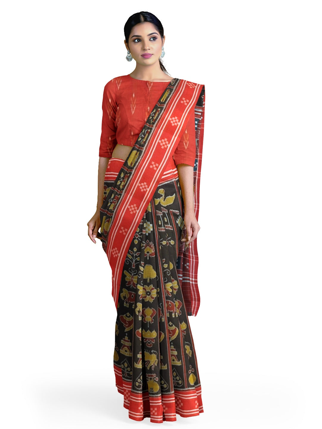 Black with Red colour cotton ikat Saree with mix match red cotton Ikat blouse