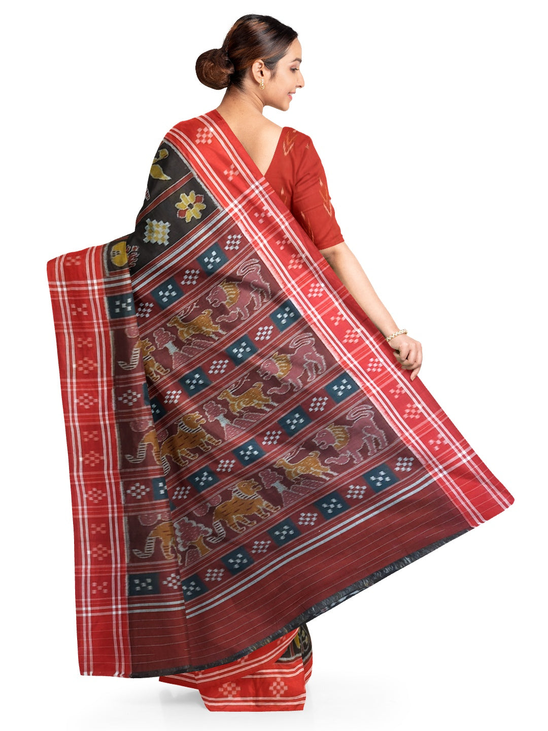 Black with Red colour cotton ikat Saree with mix match red cotton Ikat blouse