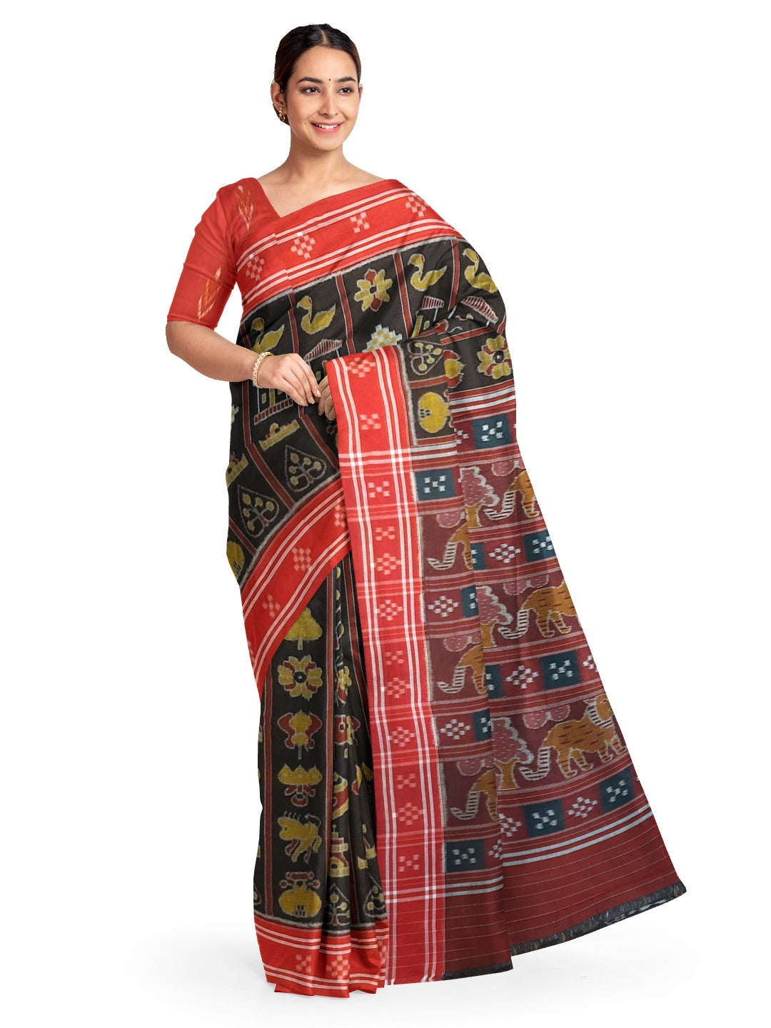 Black with Red colour cotton ikat Saree with mix match red cotton Ikat blouse