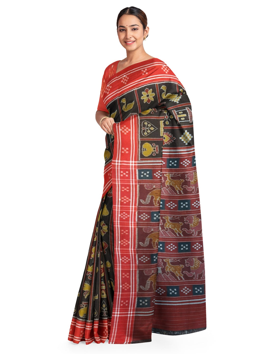 Black with Red colour cotton ikat Saree with mix match red cotton Ikat blouse
