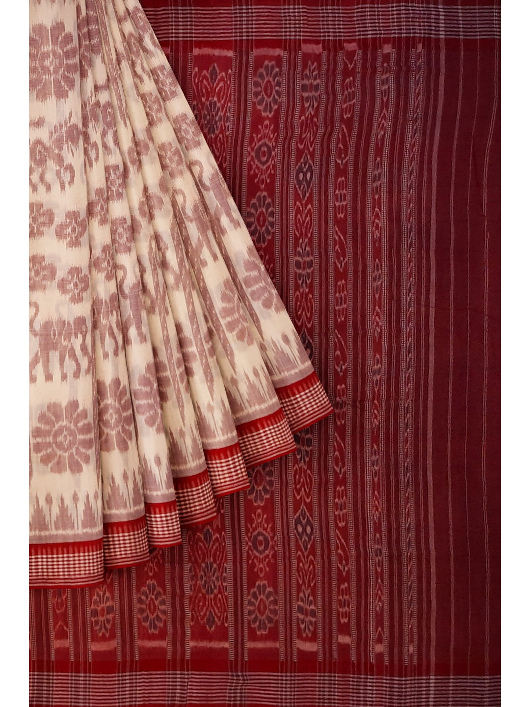 Beige with Maroon Khandua cotton ikat Saree with mix match red cotton Ikat blouse
