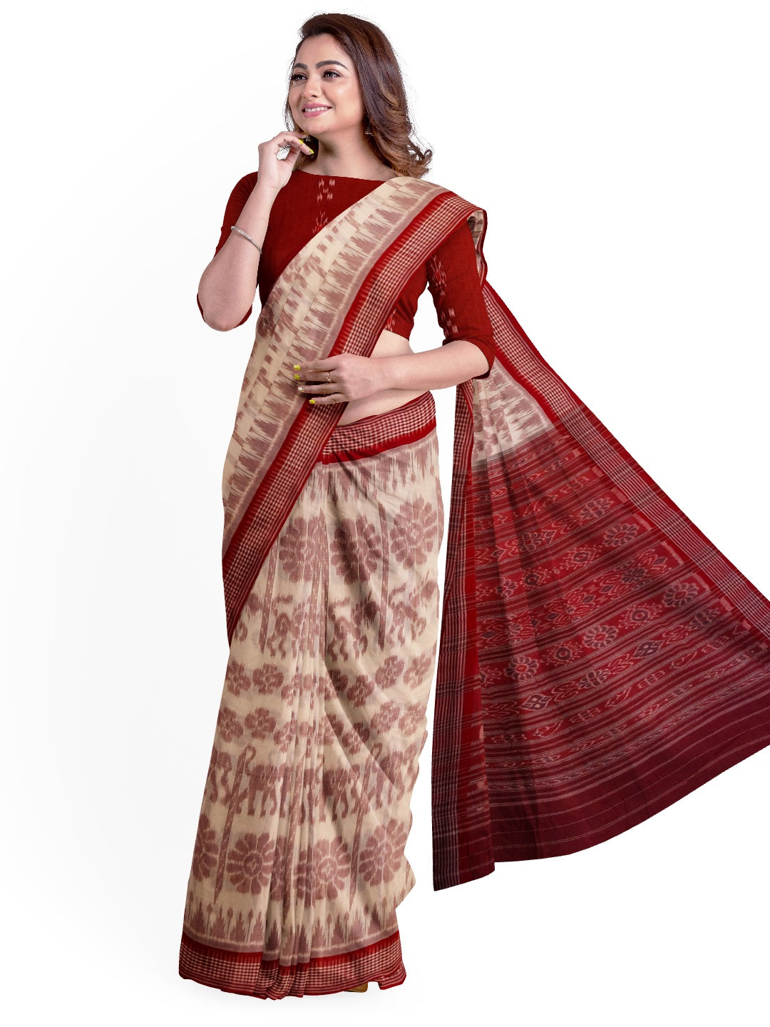 Beige with Maroon Khandua cotton ikat Saree with mix match red cotton Ikat blouse