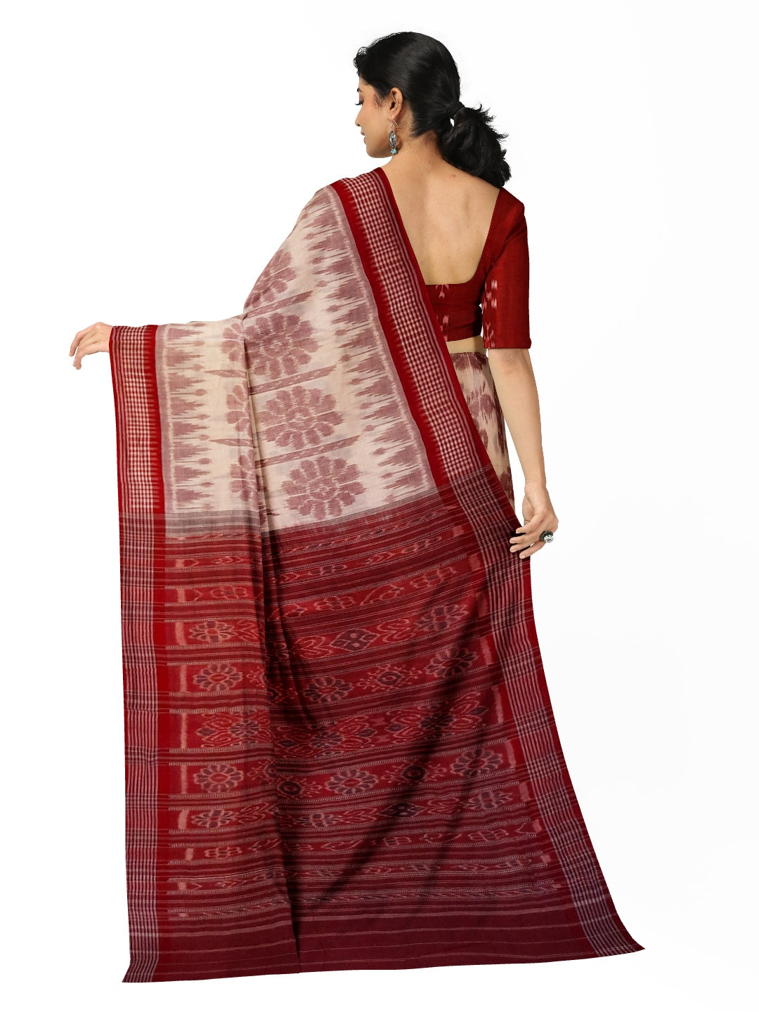 Beige with Maroon Khandua cotton ikat Saree with mix match red cotton Ikat blouse