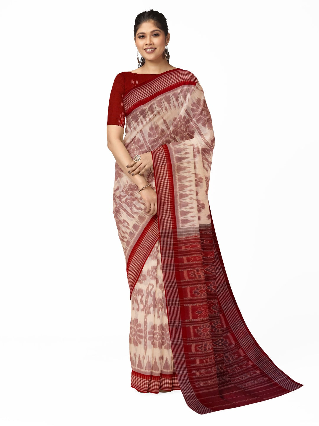 Beige with Maroon Khandua cotton ikat Saree with mix match red cotton Ikat blouse