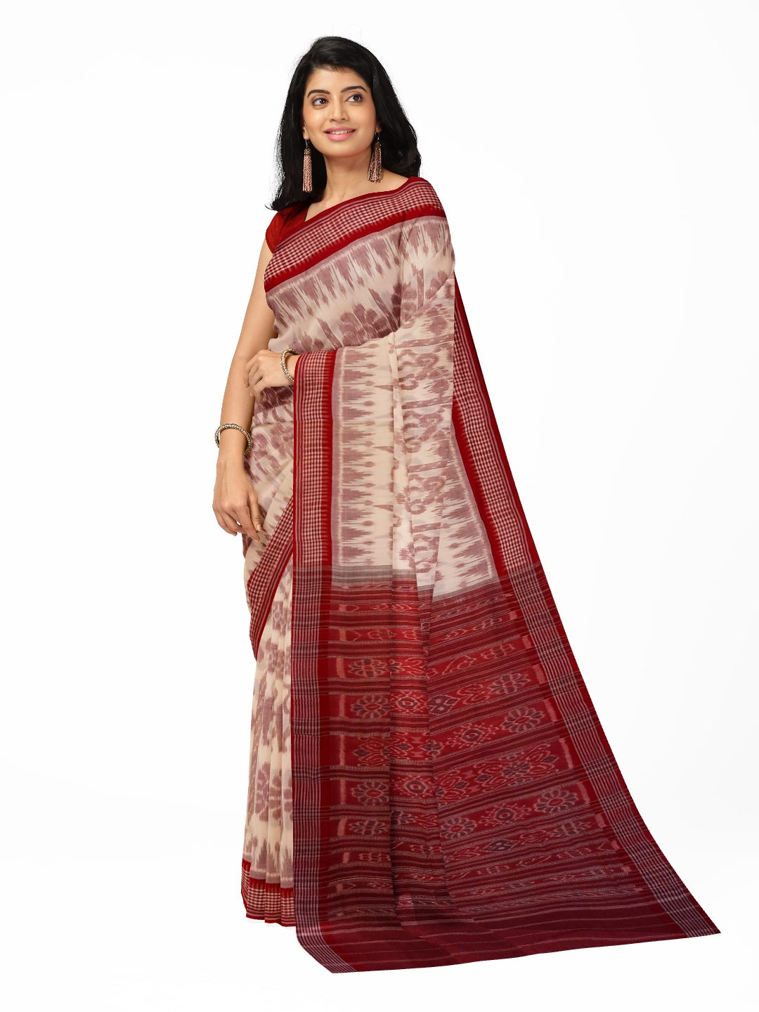 Beige with Maroon Khandua cotton ikat Saree with mix match red cotton Ikat blouse