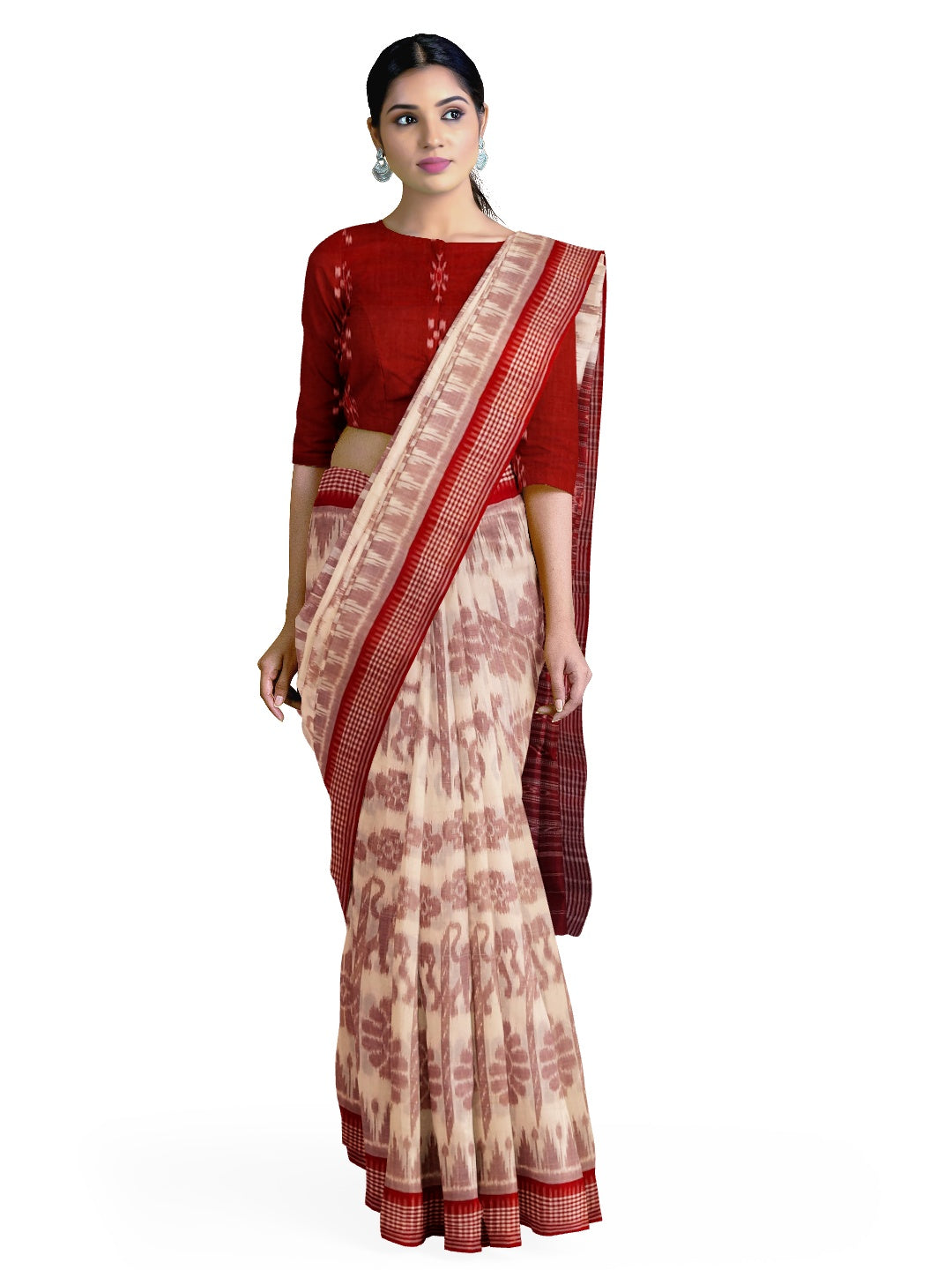 Beige with Maroon Khandua cotton ikat Saree with mix match red cotton Ikat blouse
