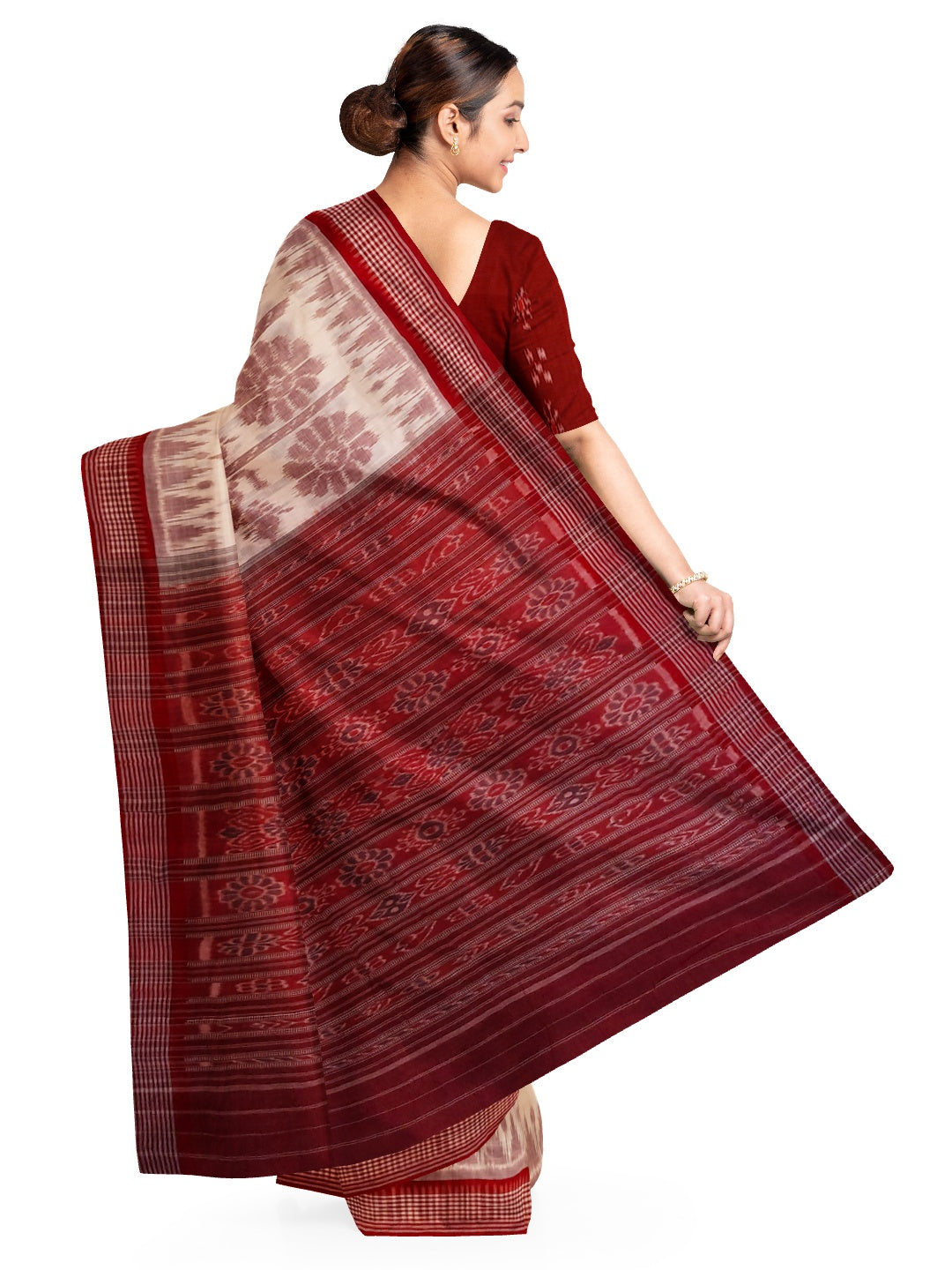 Beige with Maroon Khandua cotton ikat Saree with mix match red cotton Ikat blouse