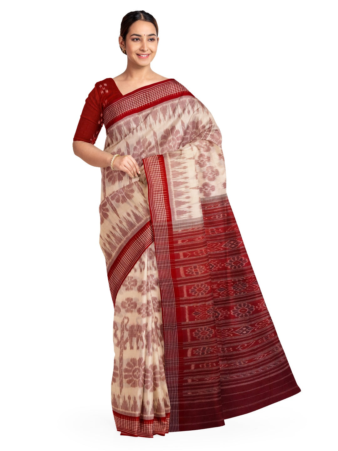 Beige with Maroon Khandua cotton ikat Saree with mix match red cotton Ikat blouse