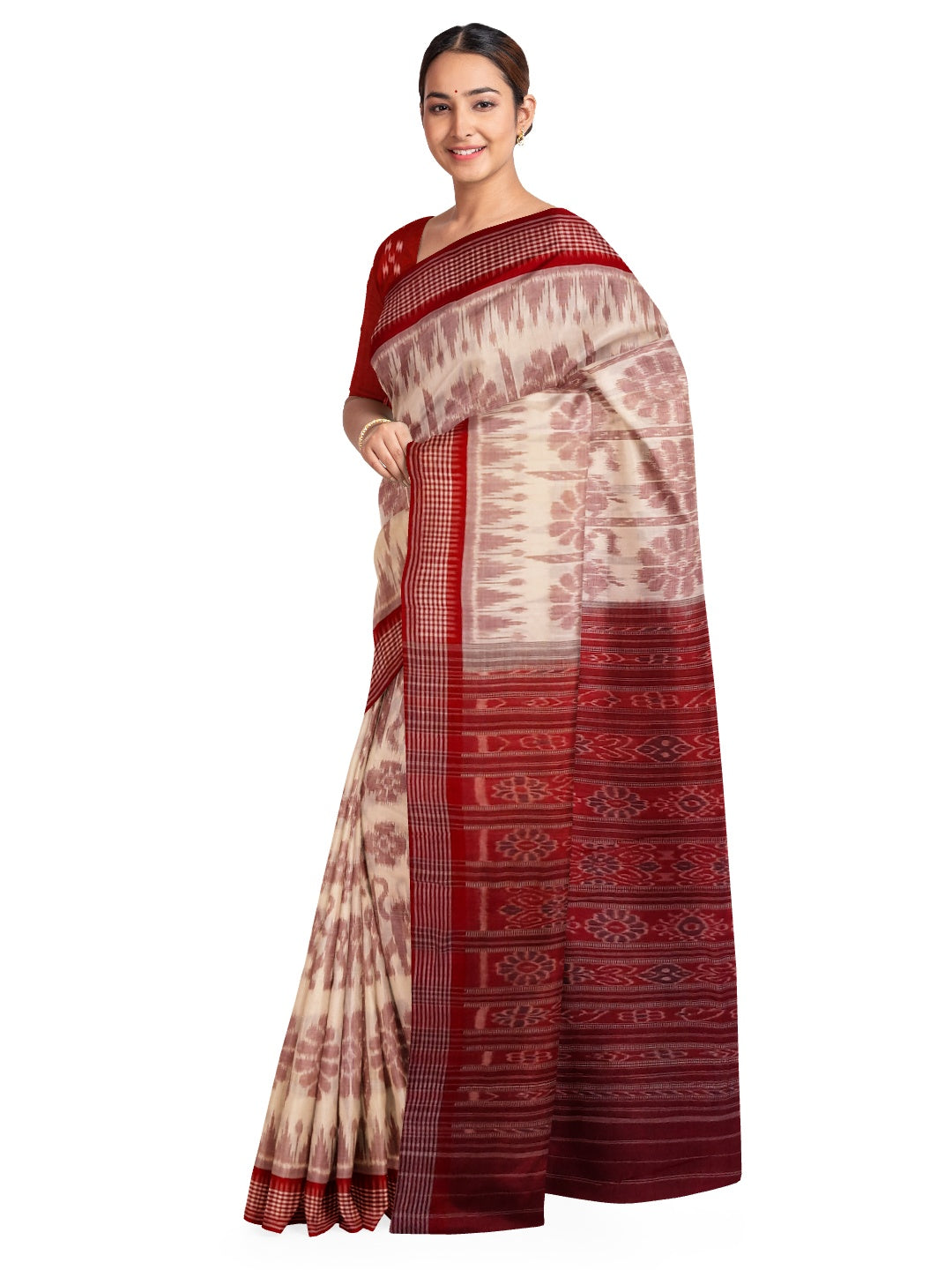 Beige with Maroon Khandua cotton ikat Saree with mix match red cotton Ikat blouse