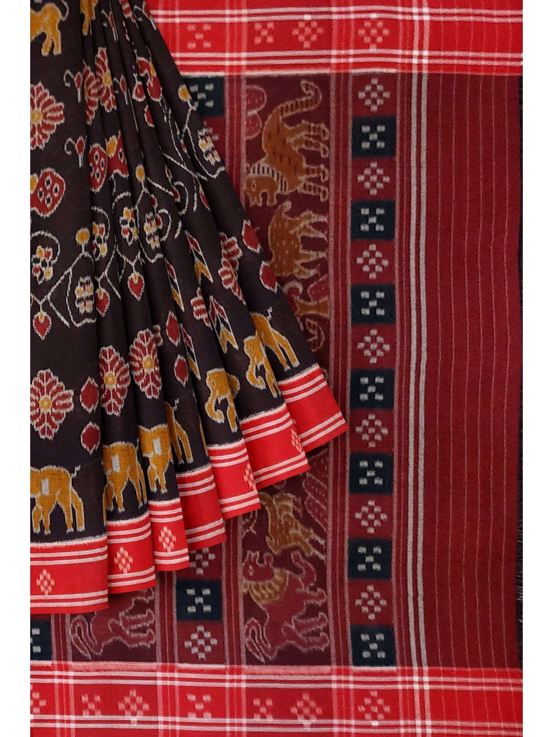 Black cotton ikat Saree with mix match red cotton Ikat blouse