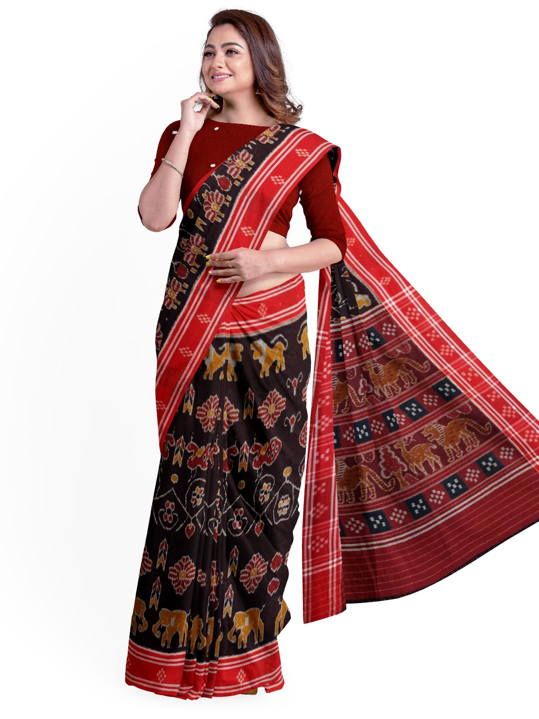 Black cotton ikat Saree with mix match red cotton Ikat blouse