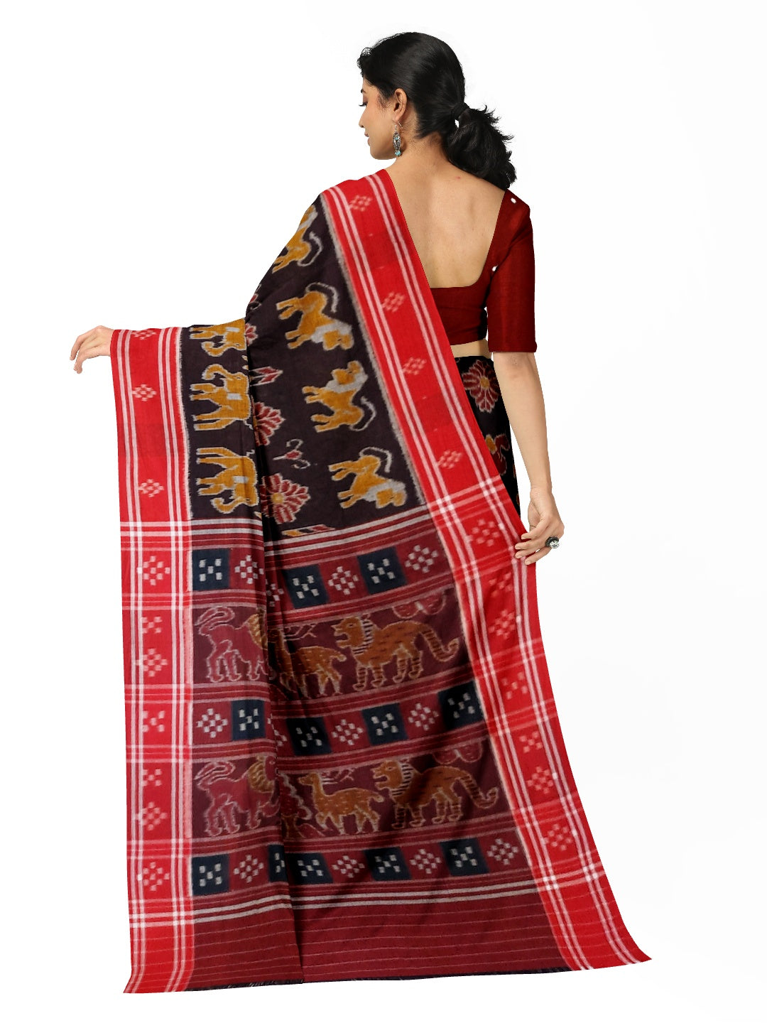 Black cotton ikat Saree with mix match red cotton Ikat blouse