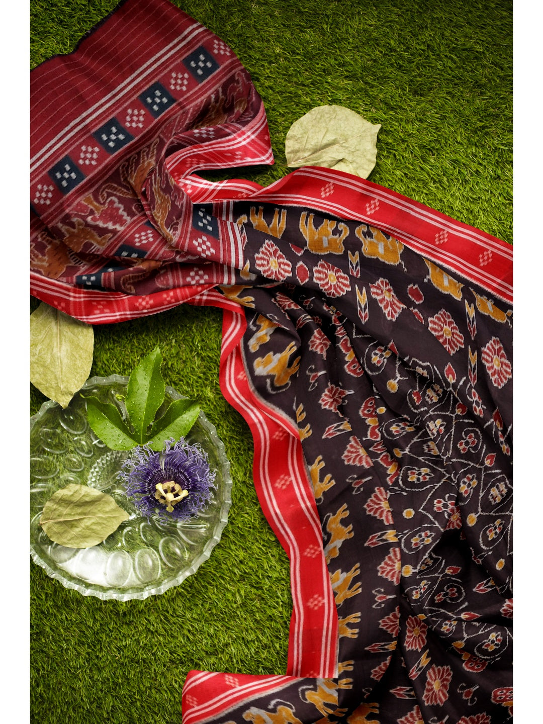 Black cotton ikat Saree with mix match red cotton Ikat blouse