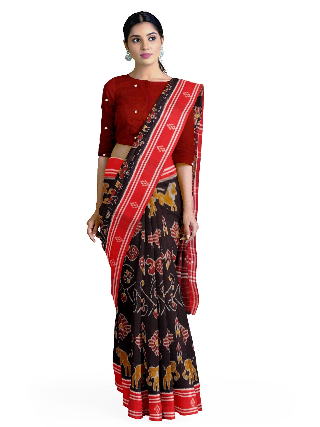 Black cotton ikat Saree with mix match red cotton Ikat blouse