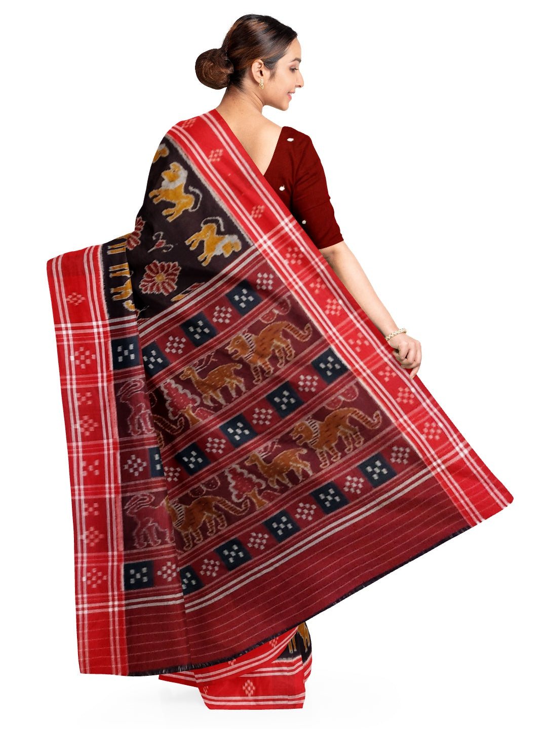 Black cotton ikat Saree with mix match red cotton Ikat blouse