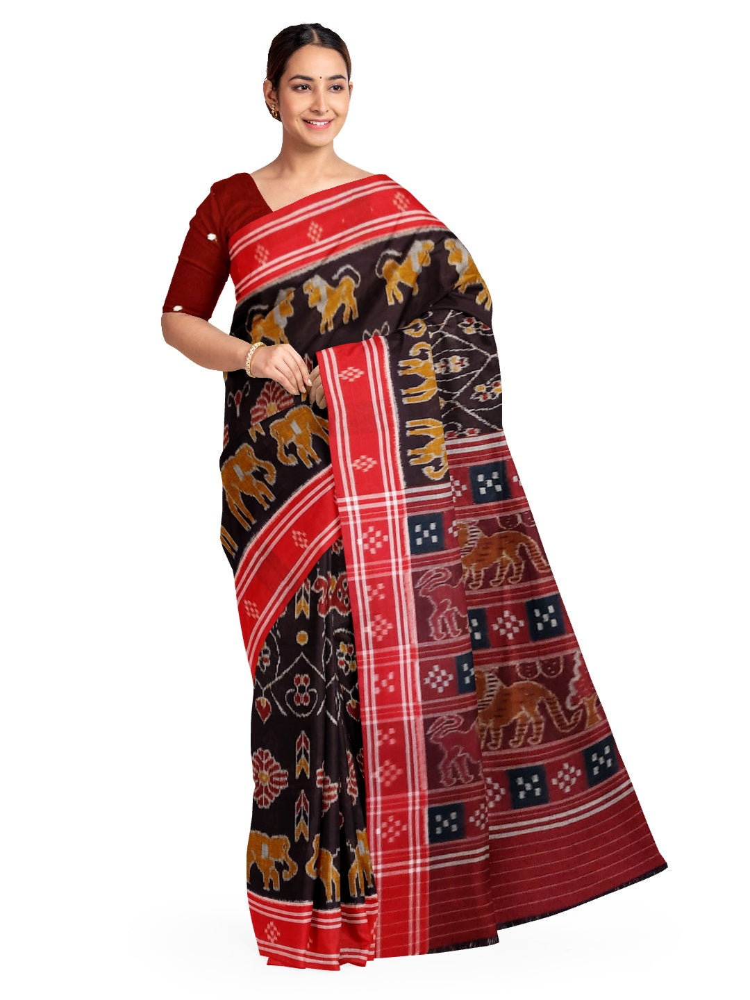 Black cotton ikat Saree with mix match red cotton Ikat blouse