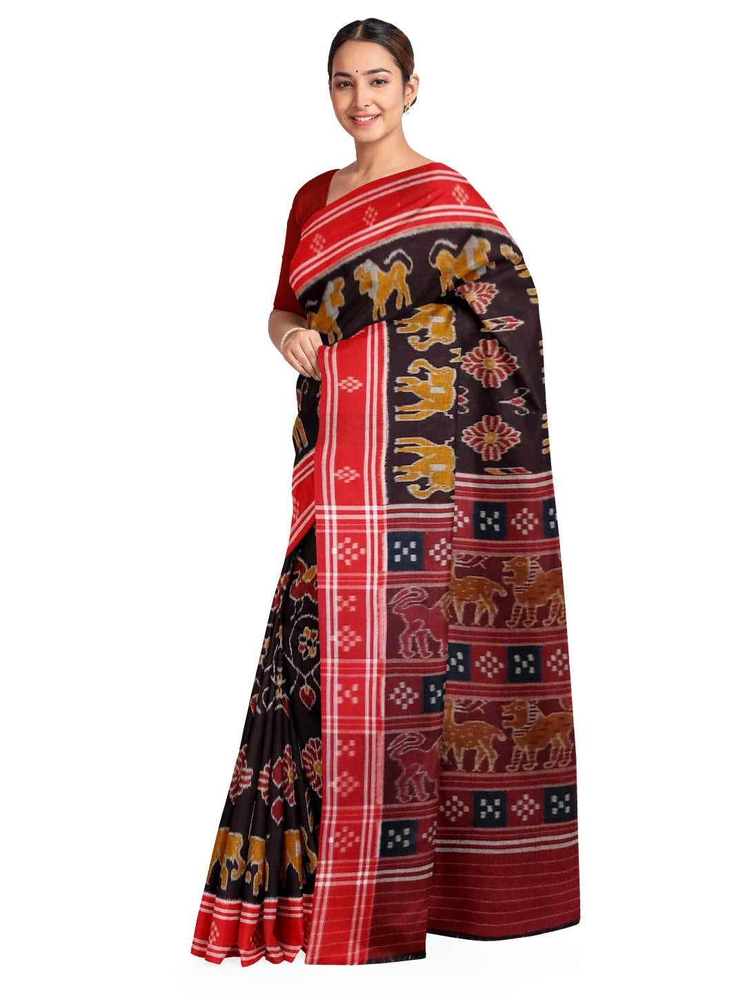 Black cotton ikat Saree with mix match red cotton Ikat blouse