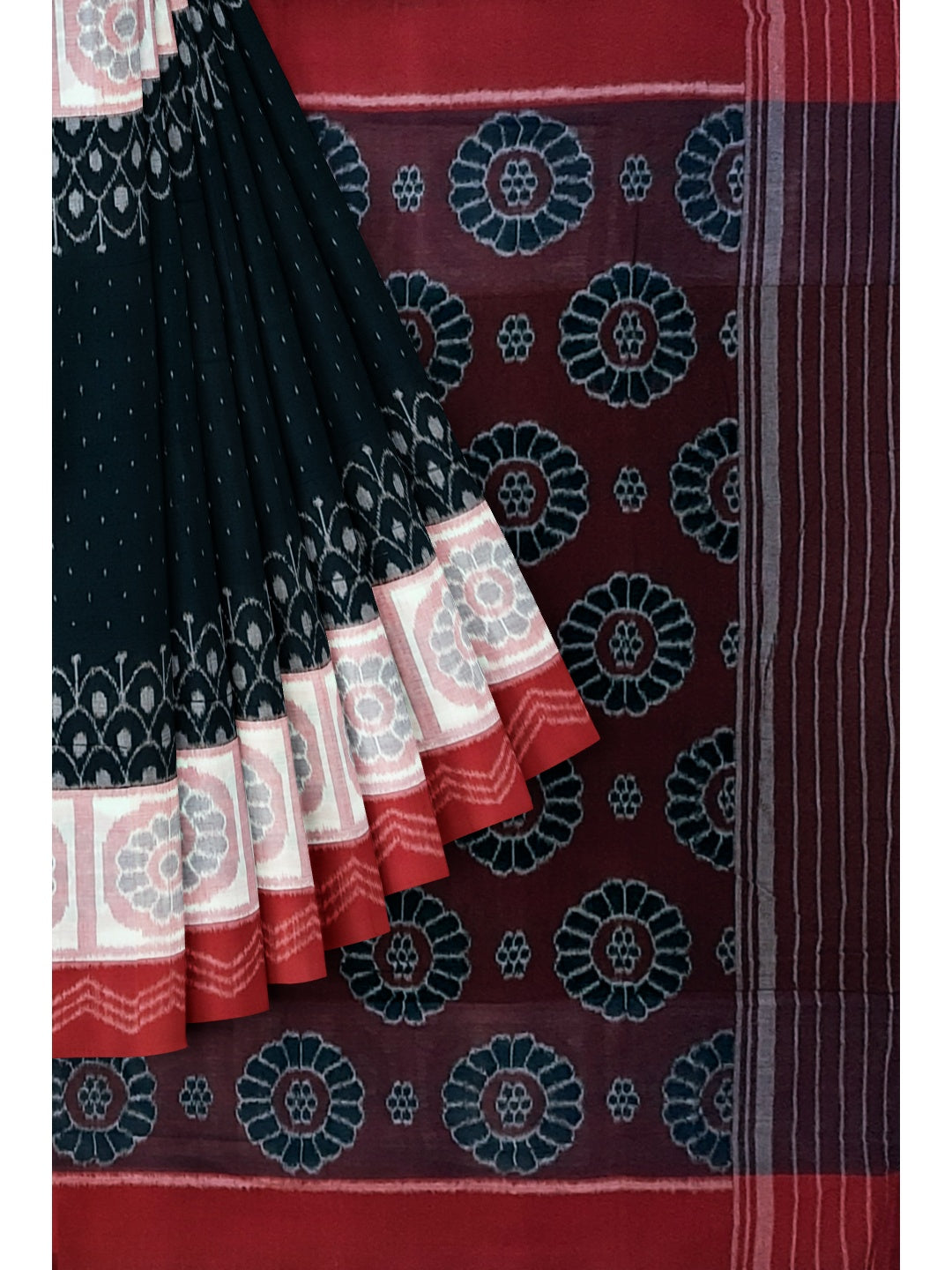 Black wide border Odisha Ikat saree with cotton ikat blouse piece