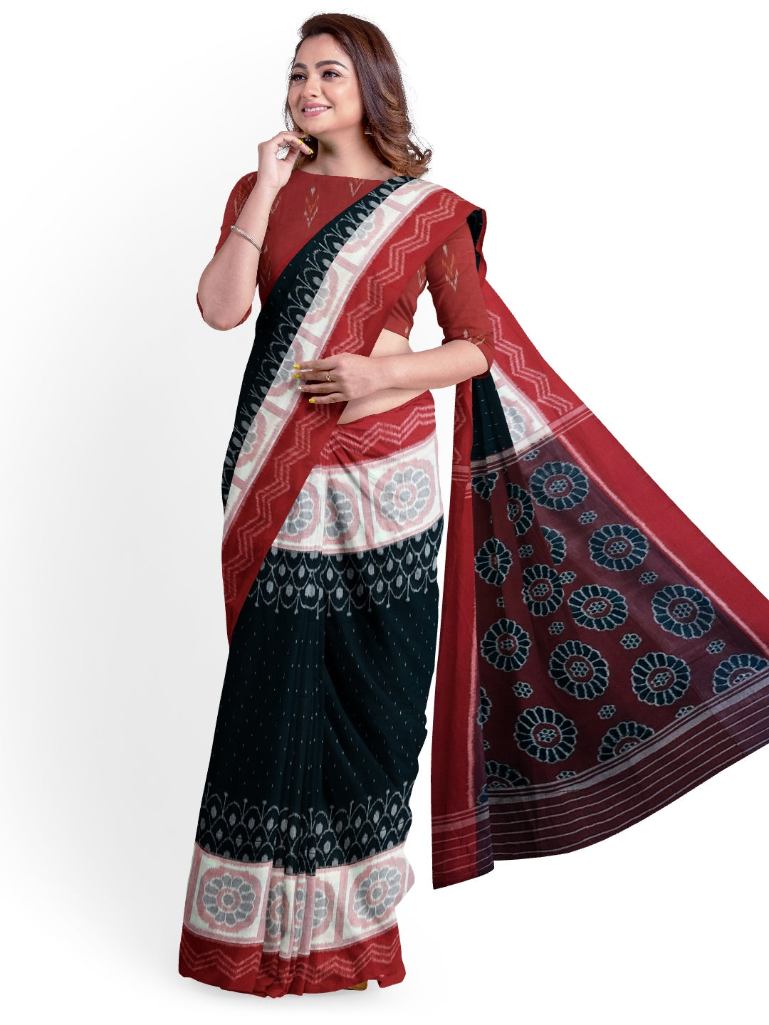 Black wide border Odisha Ikat saree with cotton ikat blouse piece