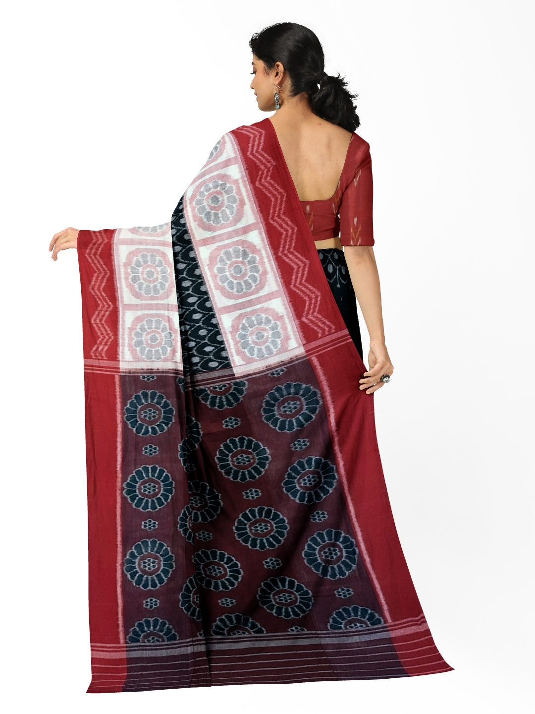 Black wide border Odisha Ikat saree with cotton ikat blouse piece